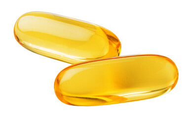 Two golden vitamin pills promoting health and wellness on transparent background
