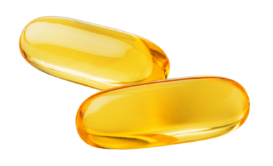 Two golden vitamin pills promoting health and wellness on transparent background