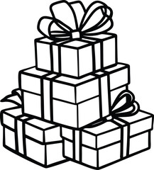 Festive stack of wrapped christmas presents with colorful ribbons and bows isolated on white background isolated on transparent background