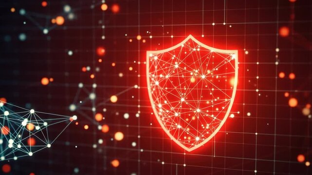 A glowing red shield symbolizing cybersecurity protection against digital threats set against a dark interconnected network of glowing particles and lines representing data security and technology