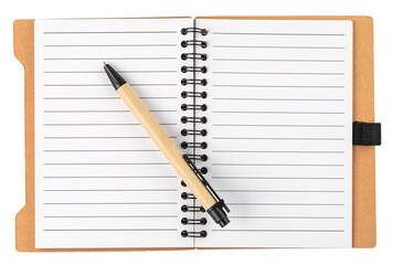 Open spiral notebook with pen on transparent background