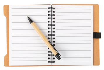 Open spiral notebook with pen on transparent background