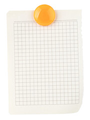 Blank squared paper hanging on orange round magnet on transparent background