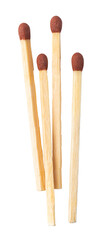 Four wooden matches with red tips on transparent background