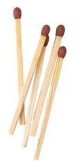 Five wooden matches with brown tips on transparent background