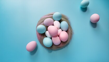 soft pastel colored eggs are piled against a serene light blue backdrop perfect for spring festivities creative crafts or festive decorations