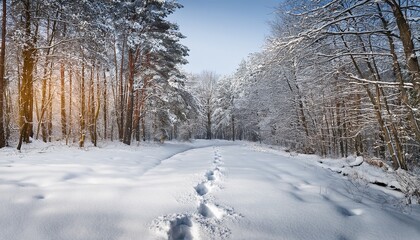 snow covered footprints lead through serene winter forest creating sense of mystery and tranquility path invites exploration in peaceful snowy landscape