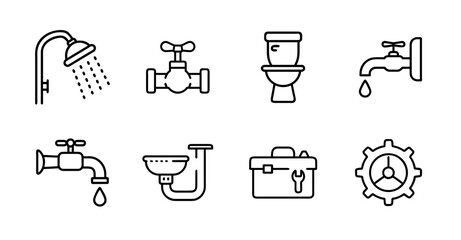 Plumbing linear icon set in outline style with pipes, faucets, valves, fittings, drains, and water tools for construction, repair, and home plumbing projects