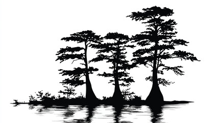 Silhouette of Swamp Trees Reflected in Water Black and White Minimalist Image Nature Landscape Scenery Evergreen Bald Cypress Pond River