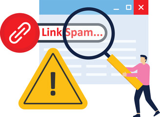 Concept of Website affected by search engine core update, website loses ranking and traffic due to spam link building, manual action for link spam. Flat vector illustration.

