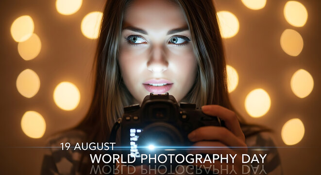 A young man holds a DSLR camera up to his eye, celebrating World Photography Day on August 19th, with bokeh lights surrounding him. - Powered by Adobe