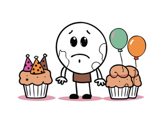 Naklejka premium Vector art of sad cartoon planet character with birthday cupcakes and balloons, feeling lonely and unhappy, isolated on white background.