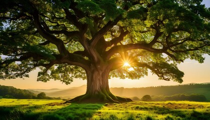 the tree of life a grand and majestic oak tree symbolizing vitality and nature s beauty surrounded by vibrant greenery and bathed in golden sunlight