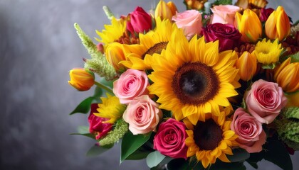 vibrant sunflower and rose arrangement a stunning bouquet bursting with sunflowers roses tulips and snapdragons symbolizing joy warmth love new beginnings