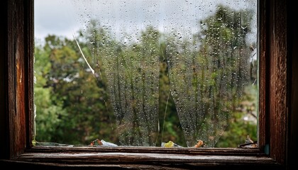 old broken window with rain drops falling on the glass
