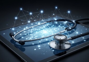Photo of stethoscope on a tablet screen displaying a digital healthcare network