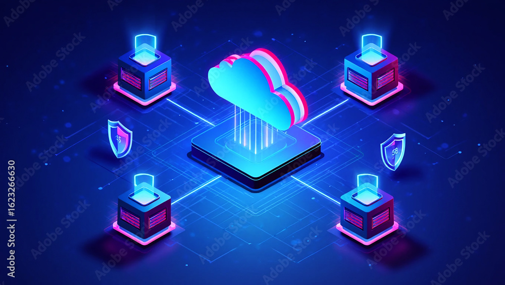 Poster digital cloud network with glowing data servers and shields technology