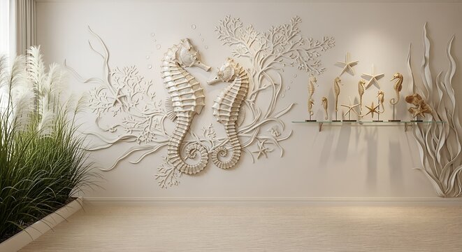 Serene indoor scene with captivating marine wall art: large seahorse sculptures, coral textures, and coastal decor on a shelf, enhanced by natural plants.