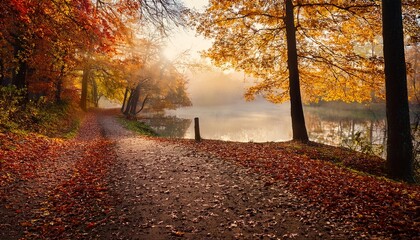 tranquil lakeside path in autumn forest with colorful fallen leaves and misty atmosphere