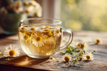 Clear glass cup filled with chamomile tea, delicate chamomile flowers floating on surface. Concept of natural calming remedies, cozy stress relief, and traditional herbal medicine.