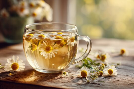 Clear glass cup filled with chamomile tea, delicate chamomile flowers floating on surface. Concept of natural calming remedies, cozy stress relief, and traditional herbal medicine.