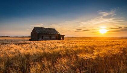 abandoned farmhouse in a golden field at sunset