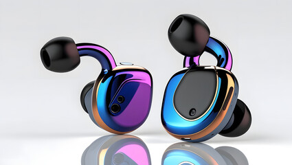  High-Resolution PNG of Modern Wireless Earbuds with Metallic Finish, Vibrant Colors, and Transparent Background in 45-Degree Angle View