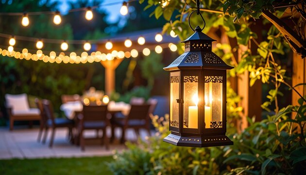 Outdoor patio lantern at night