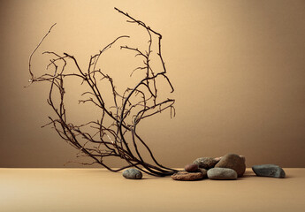 An intricately entwined branches and smooth stones against a beige background.