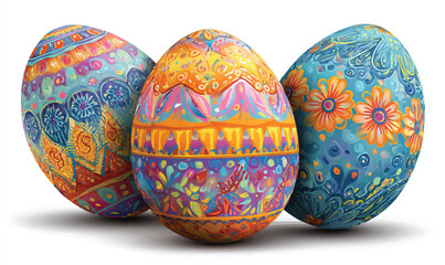 Three Beautifully Decorated Easter Eggs with Vibrant Colors and Intricate Patterns Ready for Holiday Celebrations and Festive Occasions