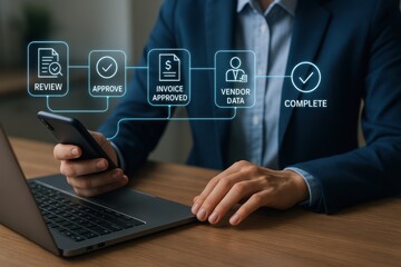 Professional using digital approval workflow from review to completion with vendor and invoice data
