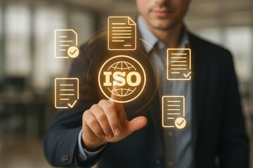 Businessman selecting ISO certification icon surrounded by document and compliance checklist graphics
