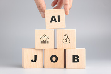 Wooden blocks with AI and JOB text and icons of people and money, symbolizing artificial...