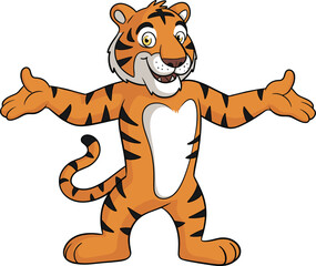 Friendly cartoon tiger character with open arms, happy jungle animal mascot illustration ideal for kids’ content, education, or branding