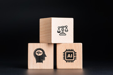 Wooden blocks showing AI chip, human head, and justice scale, representing the comparison of bias...