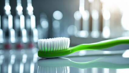 A toothbrush with a green handle lying on a reflective surface with a blurred background.