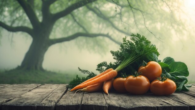 Fresh carrots and tomatoes on a rustic wooden surface with a blurred natural background. Vegetables, healthy food, nature. Organic produce and fresh harvest.