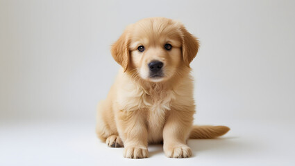 High-Resolution PNG of Fluffy Golden Retriever Puppy Sitting on Pure White Background with Natural Lighting and Adorable Features