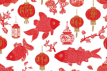 Vibrant Chinese New Year Pattern with Goldfish Red Lanterns and Blossoms Festive Oriental Design