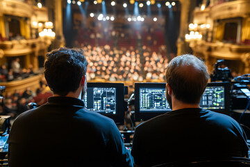 Backstage view: technicians oversee a live performance with precise control from their consoles, ensuring a seamless show for the captivated audience.