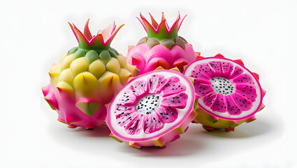 High-Resolution PNG of Whole and Halved Dragon Fruits with Pink and Yellow Skins on Transparent Background in Photorealistic Style
