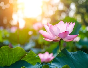 Fototapeta premium Beautiful pink lotus flower in sunlight