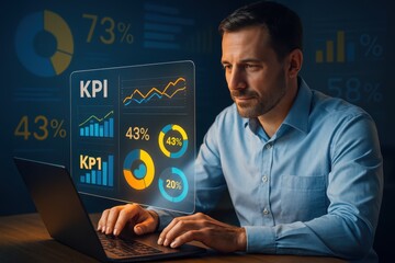Analyst reviewing KPI metrics and interactive data charts on futuristic performance dashboard
