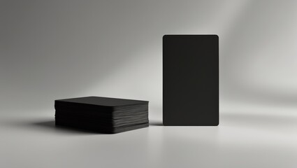 Stack of cards and a blank black card standing upright on a gray surface.