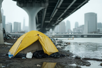 Urban Encampment: Yellow tent under bridge amidst urban decay. Illustrates poverty and housing crisis against a backdrop of city buildings.