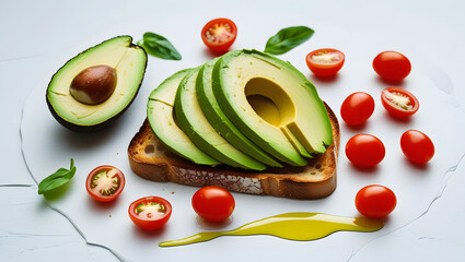  High-Resolution PNG of Avocado Toast with Cherry Tomatoes and Olive Oil on White Background in Minimalist Composition