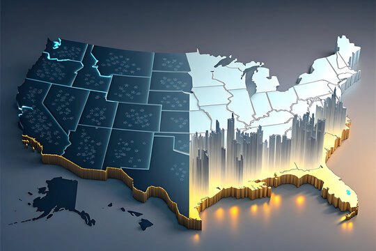 United states map divided into day and night with city skylines