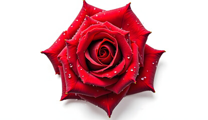  High-Resolution PNG of Single Red Rose Bloom with Water Droplets on Pure White Background, Top-Down View