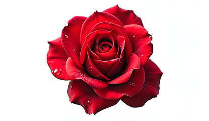  High-Resolution PNG of Single Red Rose Bloom with Water Droplets on Pure White Background, Top-Down View