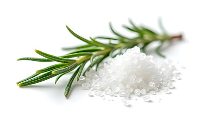  High-Resolution PNG of Fresh Rosemary Sprig and Sea Salt Pile on Pure White Background with Crisp Herbal Detail